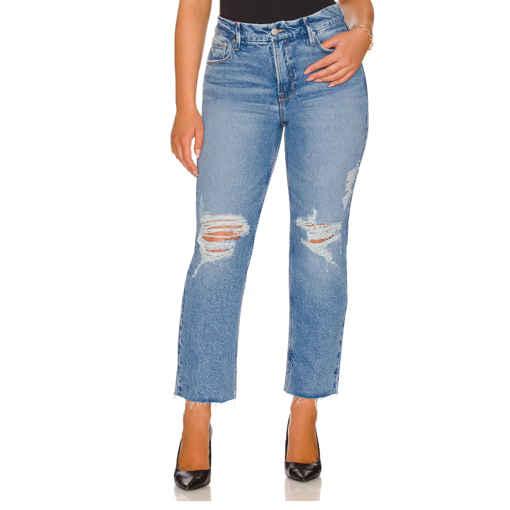 Good American Good Icon Crop Festival Rips Jeans Womens Blue High Rise 10 / 30 - Picture 3 of 14